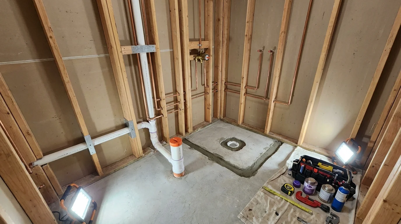 Bathroom rough-in plumbing during remodel by Johns Plumbing LLC in Philipsburg