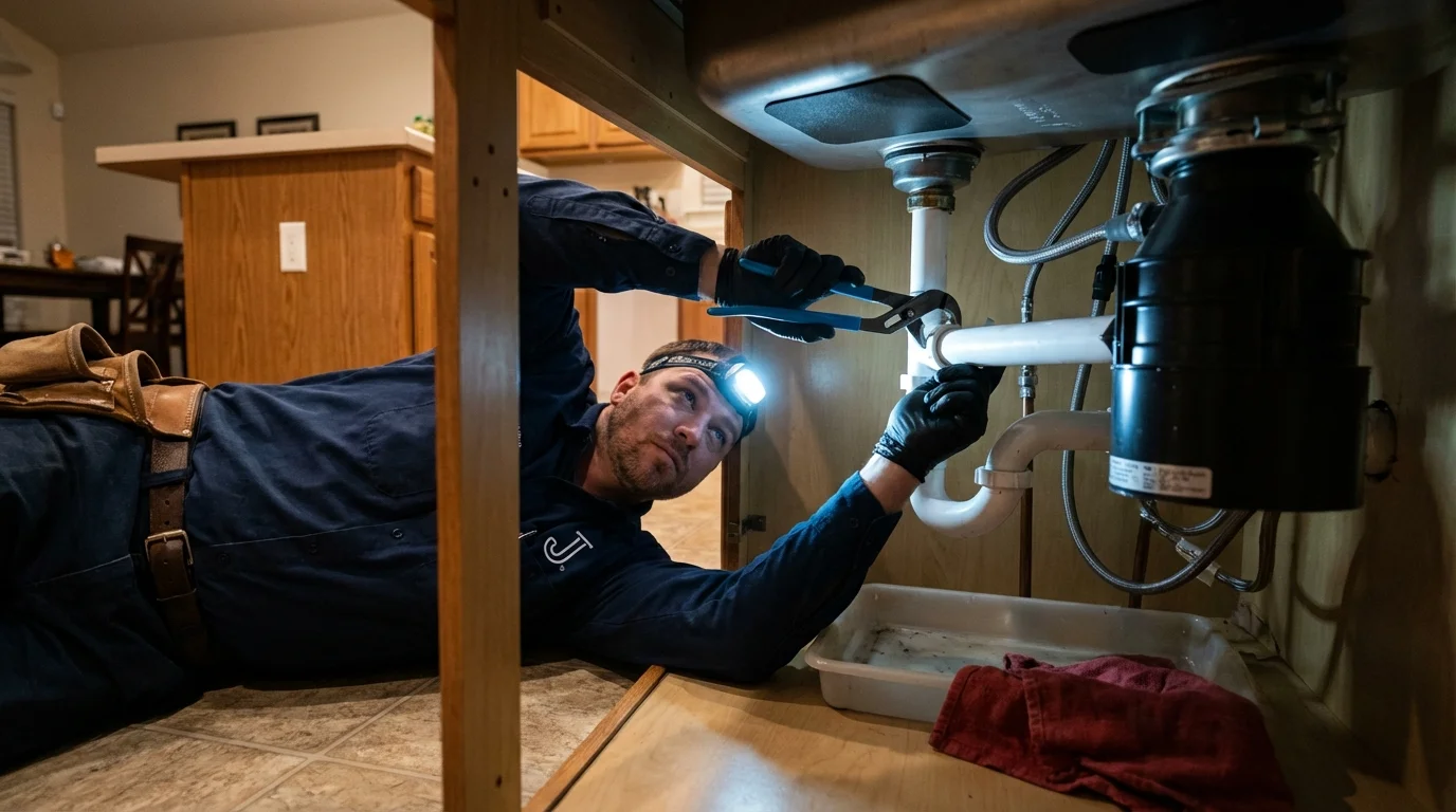 P-trap and supply line connections under a kitchen sink showing a common leak point in Philipsburg, PA